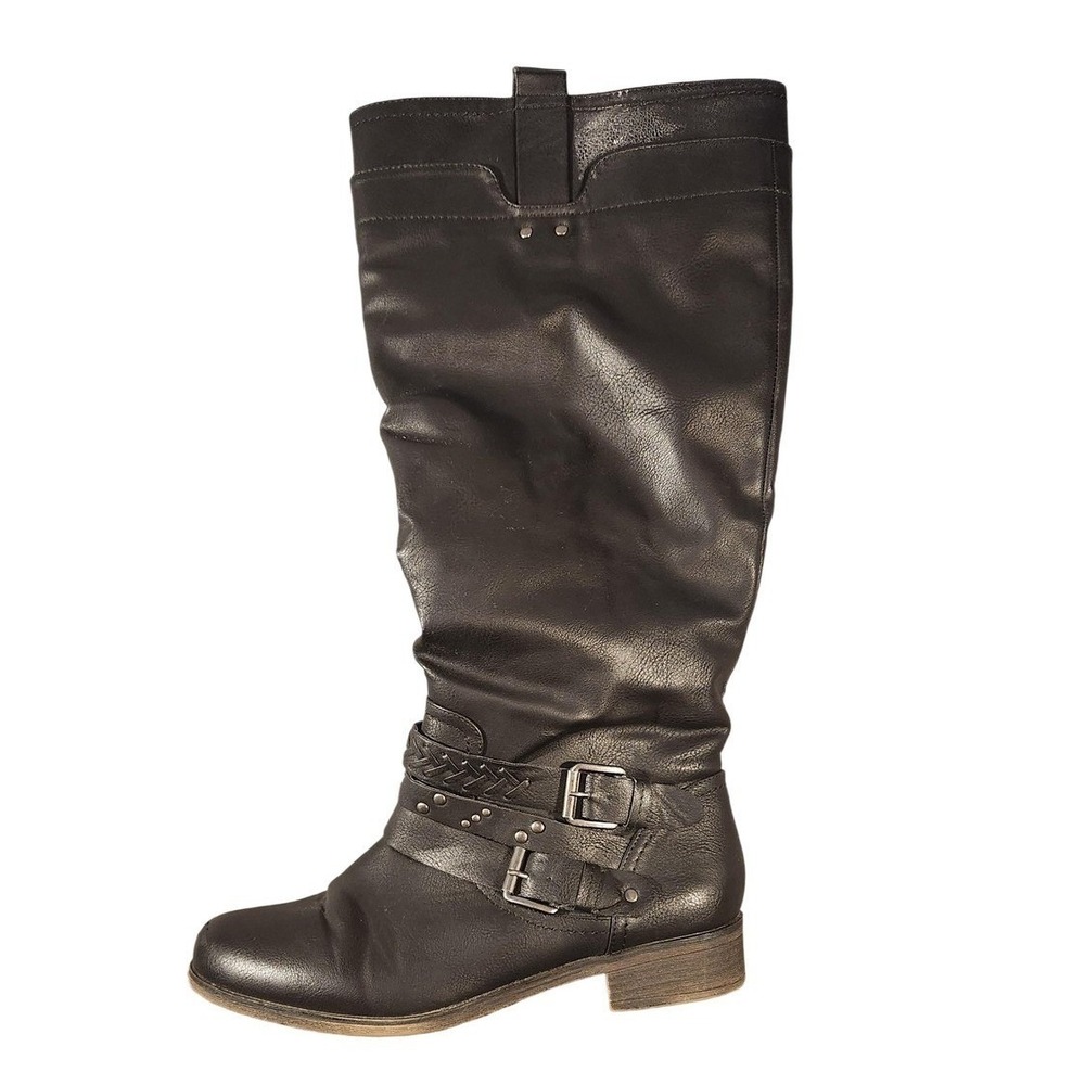 XOXO Makena Boots Womens Size 8.5 Black Knee High Biker Buckle Strap Zip